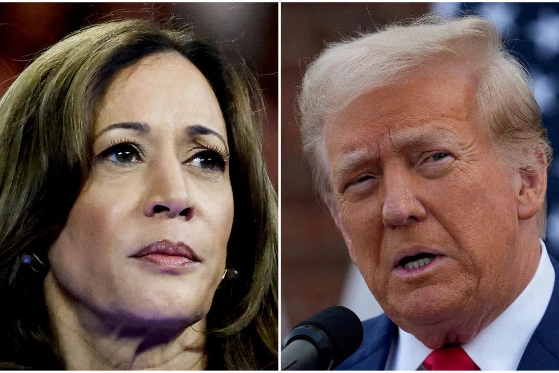 FILE PHOTO: U.S. Vice President Kamala Harris in Milwaukee, Wisconsin, U.S. August 20, 2024 and former U.S. President Donald Trump in Bedminster, New Jersey, U.S., August 15, 2024 are seen in a combination of file photographs. REUTERS/Marco Bello, Jeenah Moon/File Photo