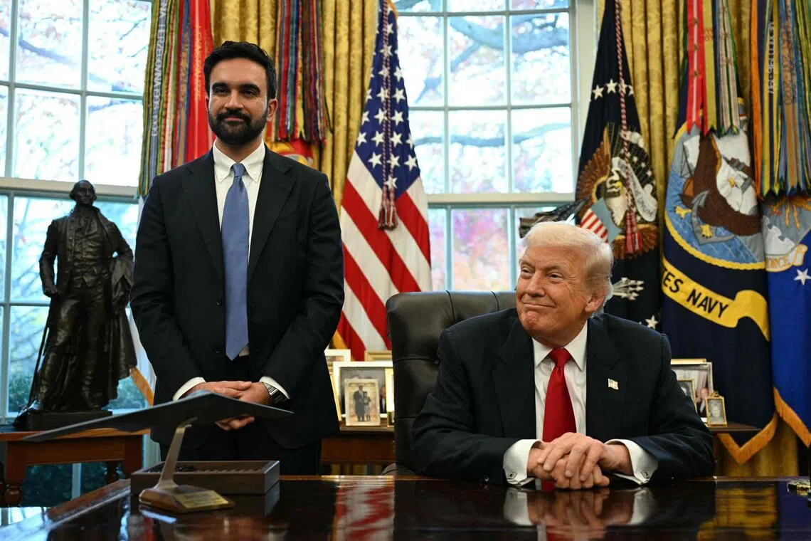 US President Donald Trump (right) meeting New York Mayor-elect Zohran Mamdani in the Oval Office of the White House on Nov 21.