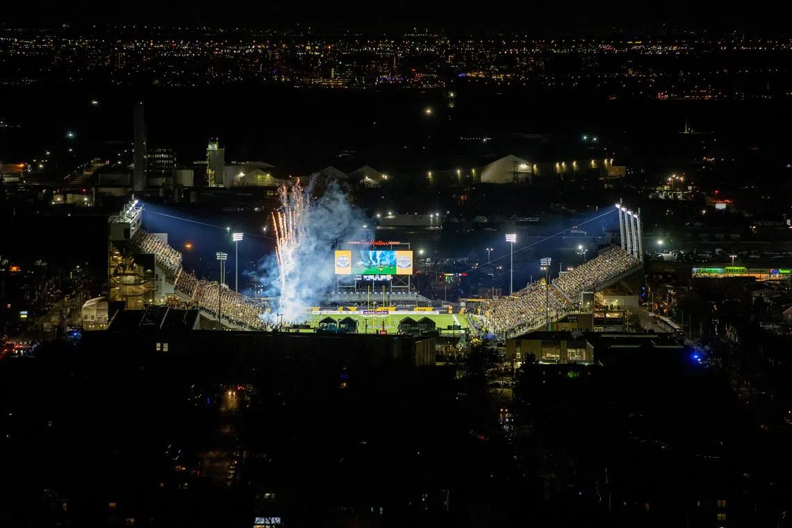 Fireworks go off at Tim Hortons Field before the Canadian Football League's (CFL) Grey Cup championship game in Hamilton, Ontario, Canada December 12, 2021.  REUTERS/Carlos Osorio/File Photo