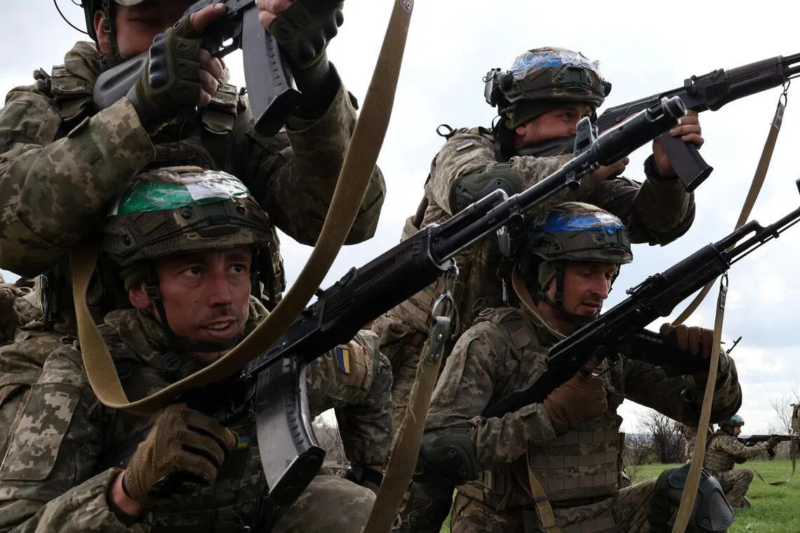 New recruits of the Ukrainian Armed Forces attending military training on April 8.