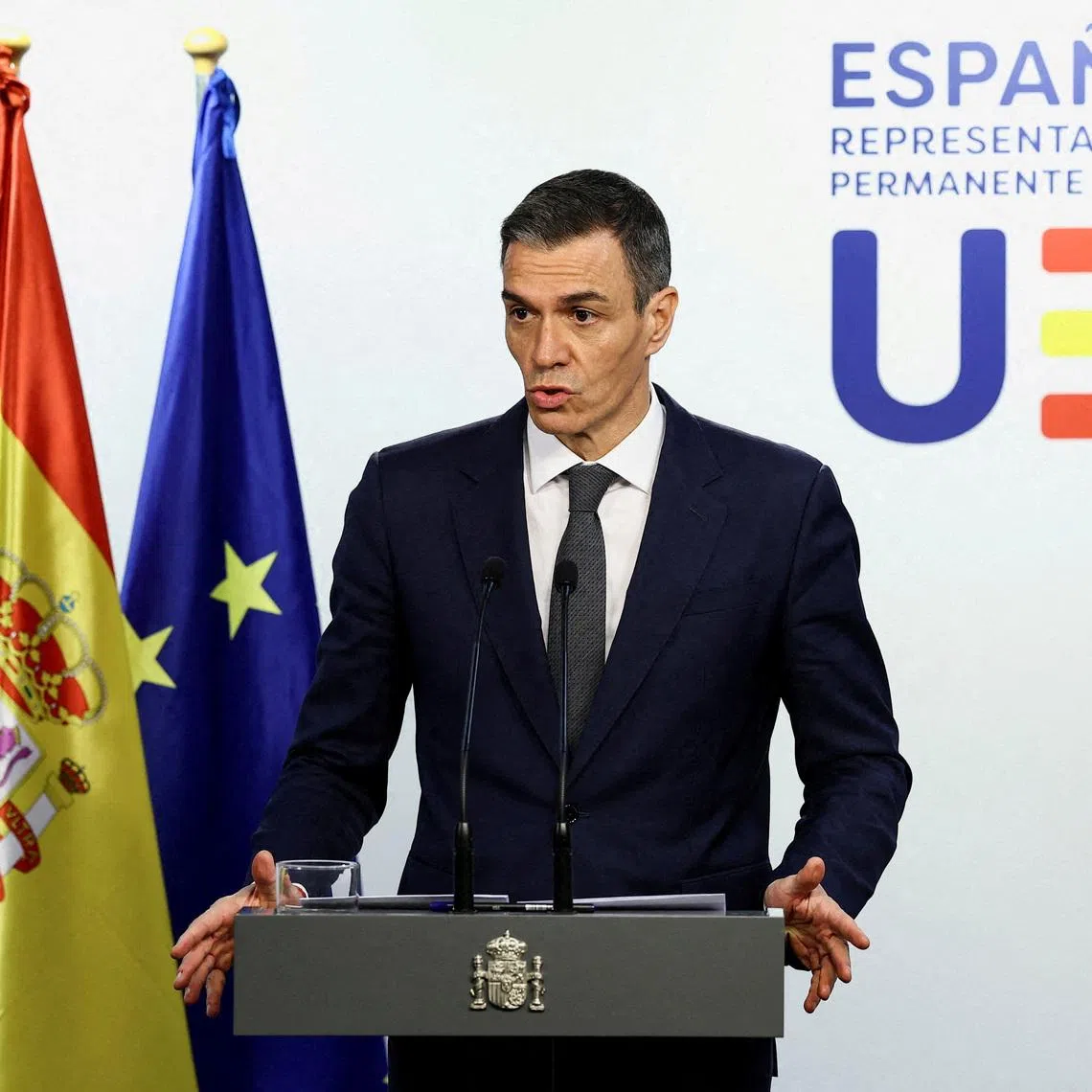 FILE PHOTO: Spanish Prime Minister Pedro Sanchez speaks during a press conference after attending a special summit of European Union leaders to discuss transatlantic relations following U.S. President Donald Trump's threats to impose new tariffs on goods from a list of EU countries over his demand to acquire Greenland, in Brussels, Belgium January 23, 2026. REUTERS/Yves Herman/File Photo