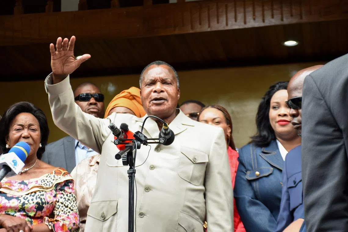Outgoing President of the Republic of Congo, Denis Sassou Nguesso, who is running for re-election, speaks after casting his vote during the presidential election at a polling station in Brazzaville, Republic of Congo, March 15, 2026. REUTERS/Roch Bouka