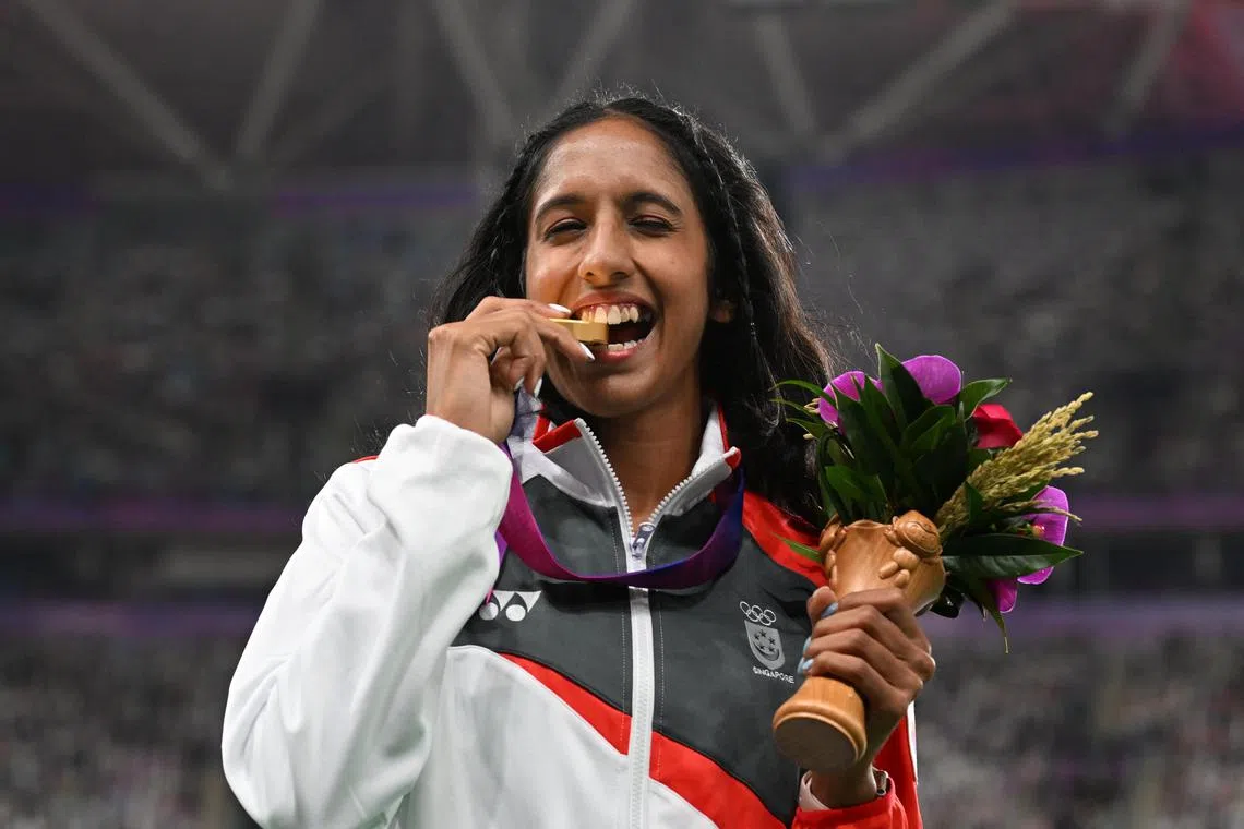 Shanti Pereira wins the women's 200m gold medal at the Asian Games at the Hangzhou Olympic Sports Centre Stadium on October 2, 2023.