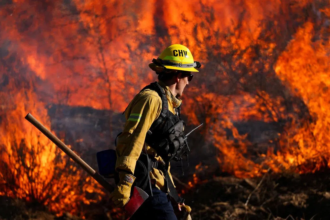 FILE PHOTO: A firefighter works to extinguish the Highland Fire, a wind driven wildfire near Aguanga, California, U.S., October 31, 2023.  REUTERS/Mike Blake/File Photo