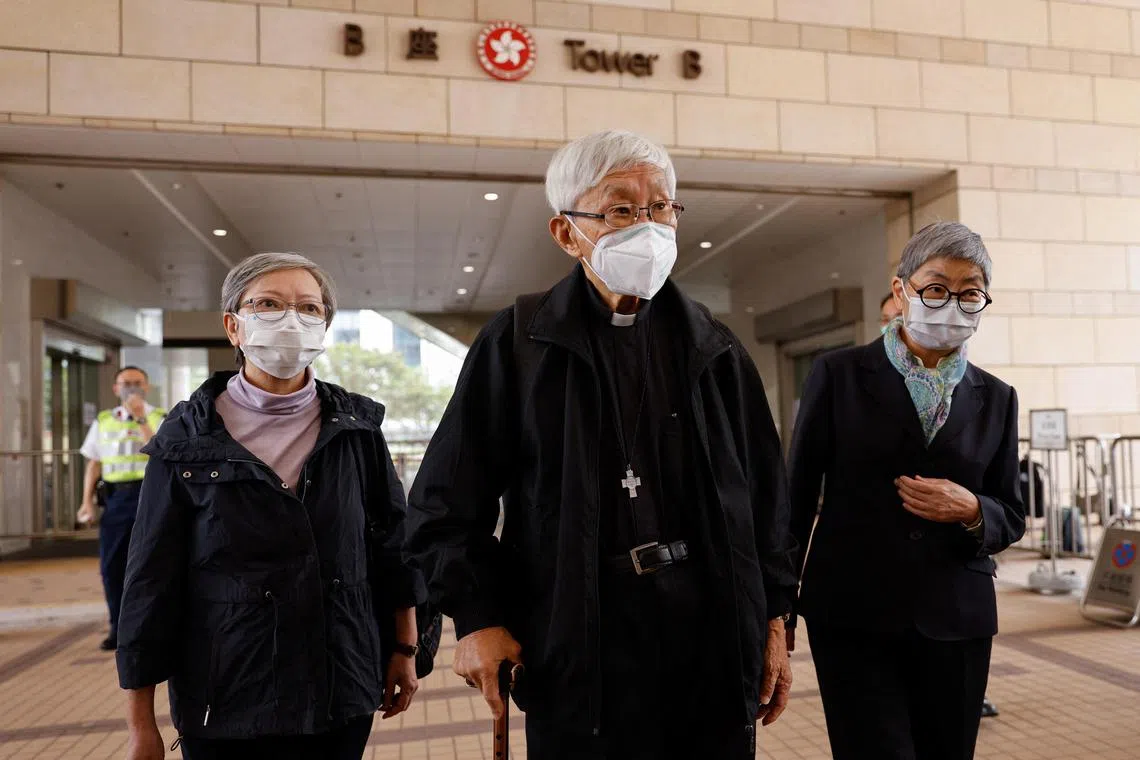 Hong Kong's retired bishop Cardinal Joseph Zen (centre), former lawmaker Cyd Ho (left) and senior barrister Margaret Ng were among those convicted in court on Fridau over the fund for protesters. 