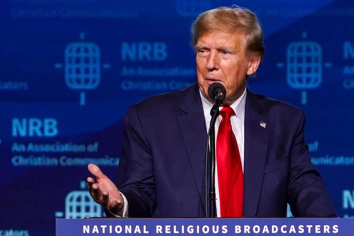 Former U.S. President and Republican presidential candidate Donald Trump addresses the 2024 National Religious Broadcasters Association International Christian Media Convention, as part of the NRB Presidential Forum in Nashville, Tennessee, U.S., February 22, 2024.  REUTERS/Seth Herald