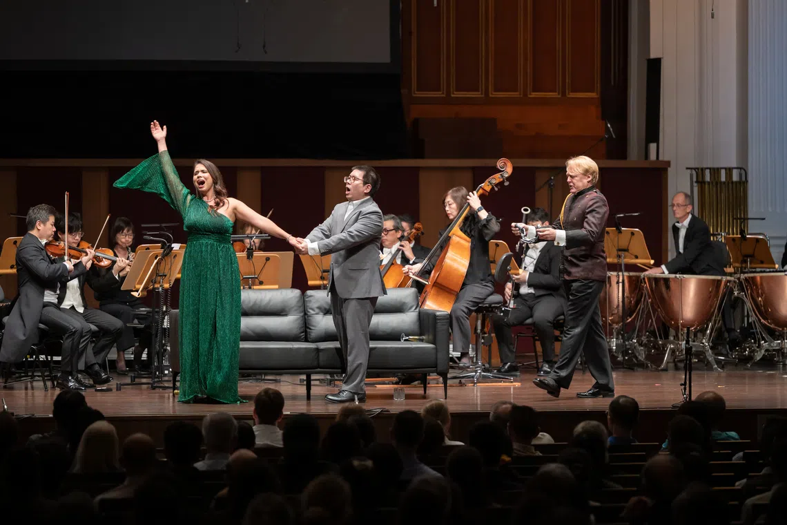 (From left) Flavia Stricker, Jonathan Mark Macpherson and Damian Whiteley in Singapore Symphony Orchestra's Die Fledermaus in a Pocket.