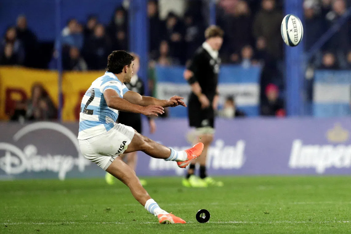 FILE PHOTO: Rugby Union - Rugby Championship - Argentina v New Zealand - Jose Amalfitani Stadium, Buenos Aires, Argentina - August 23, 2025 Argentina's Santiago Carreras scores a conversion REUTERS/Pedro Lazaro Fernandez/File Photo