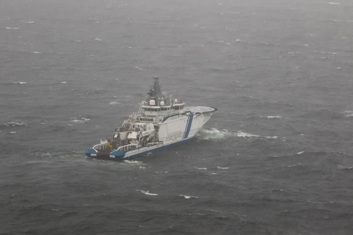 A Finnish border vessel patrolling near where the Balticconnector gas pipeline was broken on Oct 8.
