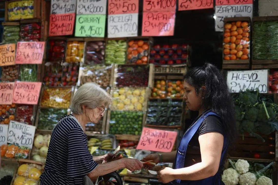 FILE PHOTO: A woman buys fruits and vegetables at a greengrocery store in Buenos Aires, Argentina, December 12, 2023. REUTERS/Tomas Cuesta/File Photo