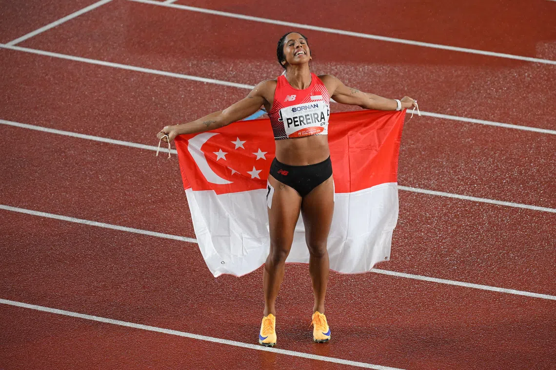 Shanti Pereira after winning the women’s 200m final at the Asian Games on Sept 27.