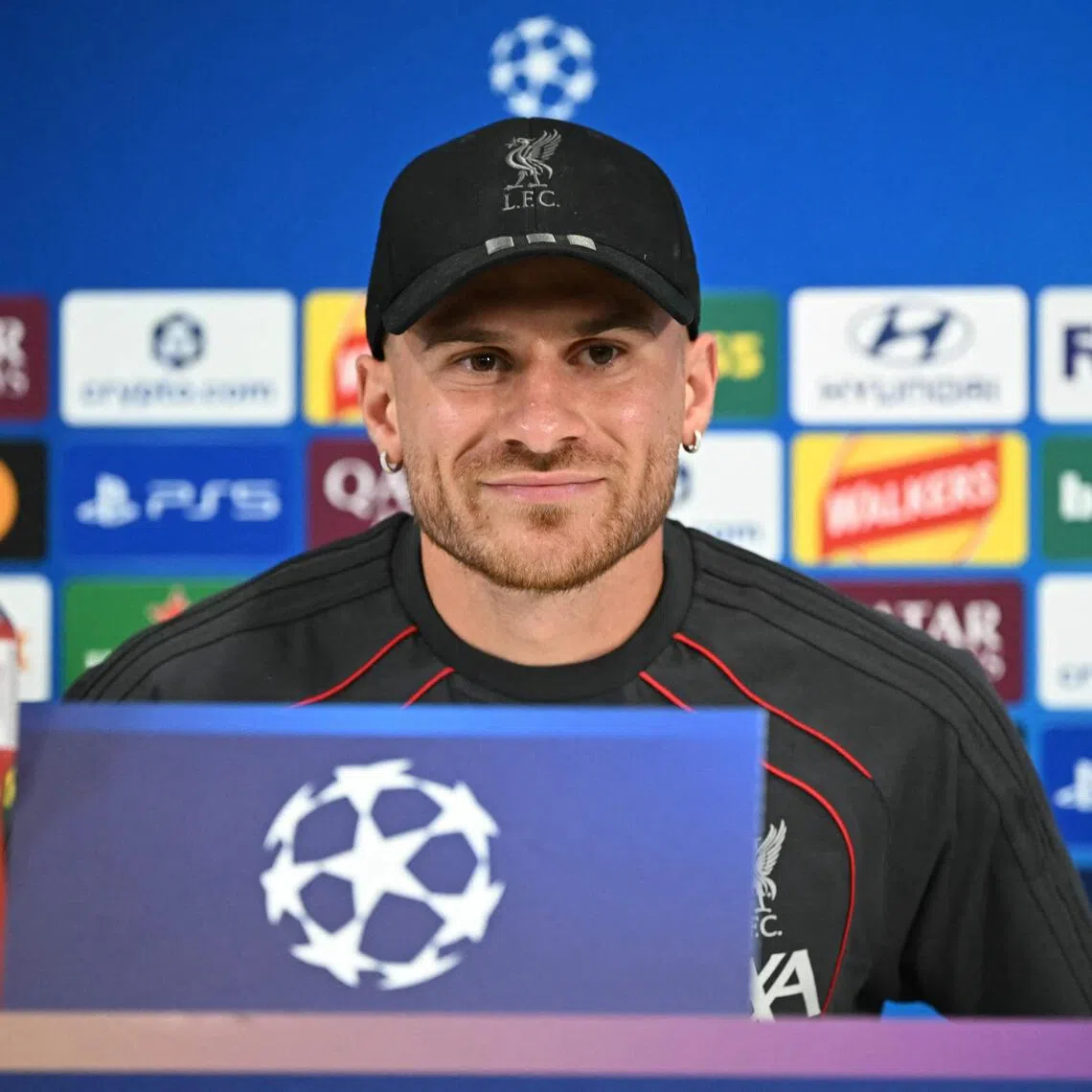 Liverpool’s Argentinian midfielder Alexis Mac Allister taking part in a press conference at Liverpool’s Anfield stadium on Sept 8.