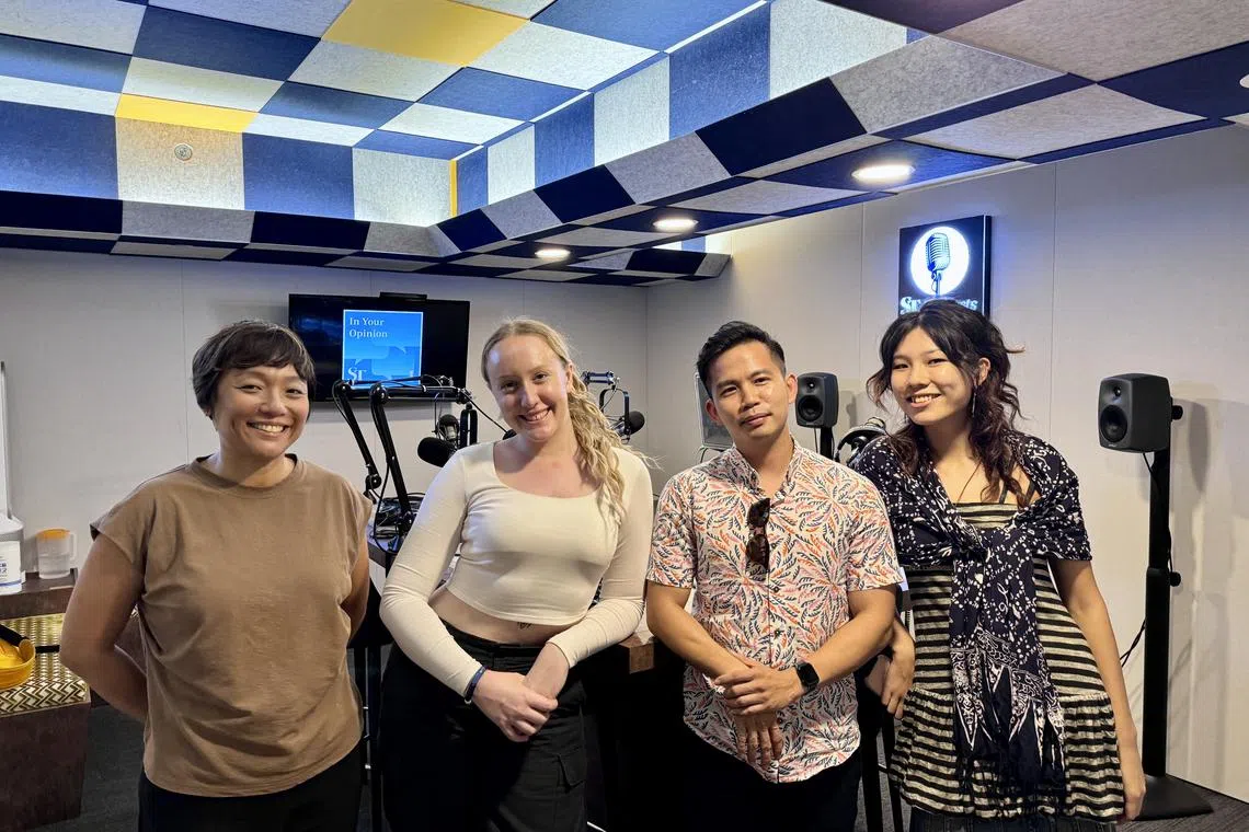 (From left) ST's assistant podcast editor Lynda Hong, Gen Z influencer Daisy Anne Mitchell, co-founder of personal finance blog The Woke Salaryman He Ruiming and reporter Carmen Sin in the podcast studio.