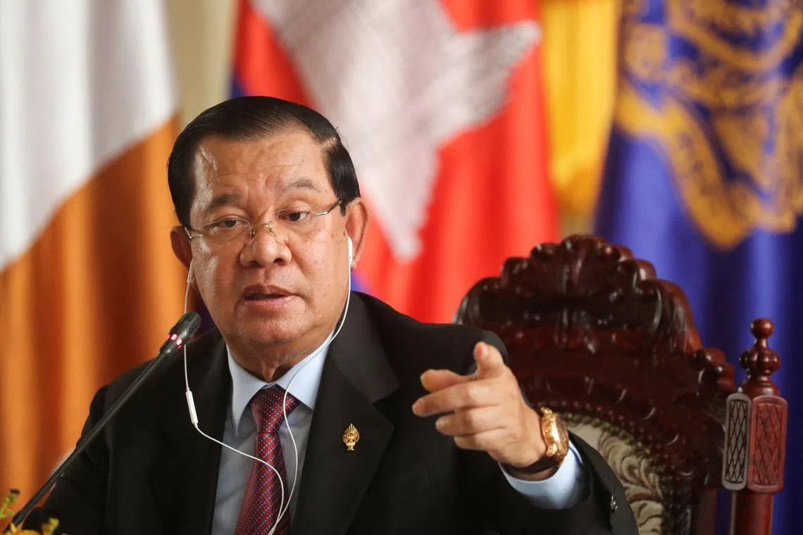 Hun Sen speaks at a press conference at the National Assembly after a vote to confirm his son, Hun Manet, as Cambodia's prime minister in Phnom Penh, Cambodia, August 22, 2023.  REUTERS/Cindy Liu/ File Photo