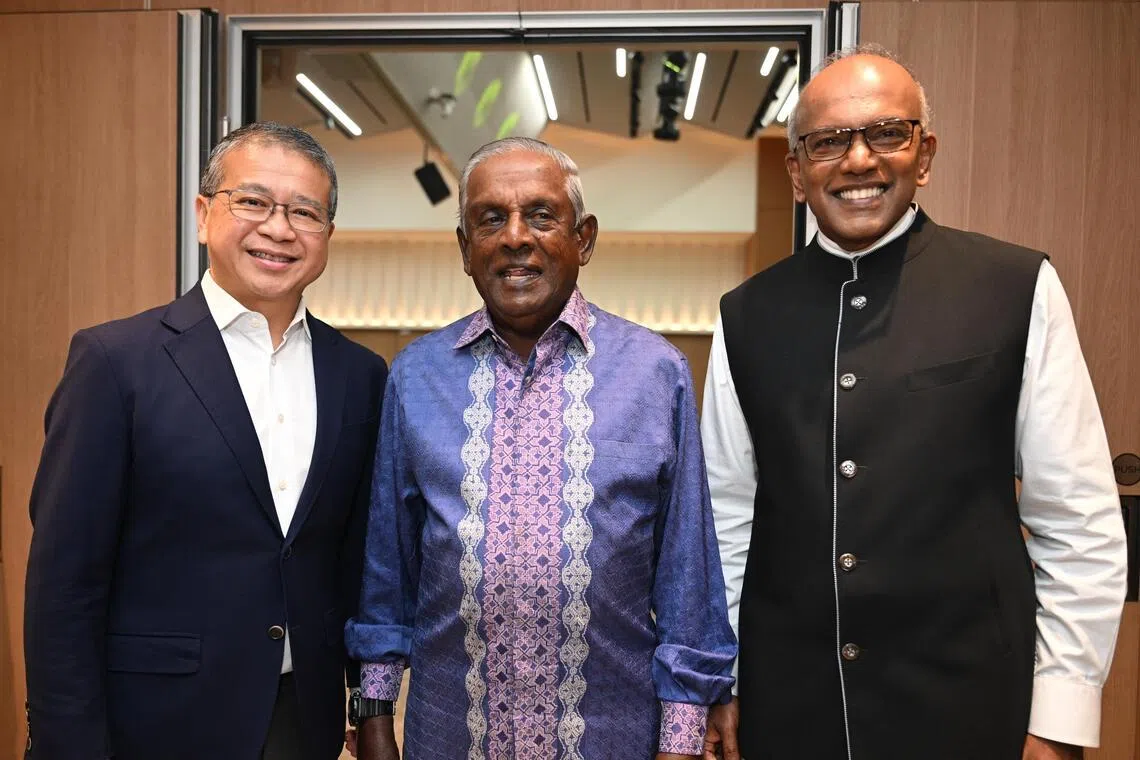 (From left) Minister for Law Edwin Tong, former DPM S. Jayakumar, and Coordinating Minister for National Security and Minister for Home Affairs K. Shanmugam at the book launch of Policy, Fairness and Compassion at SPH News Centre on Feb 6. 