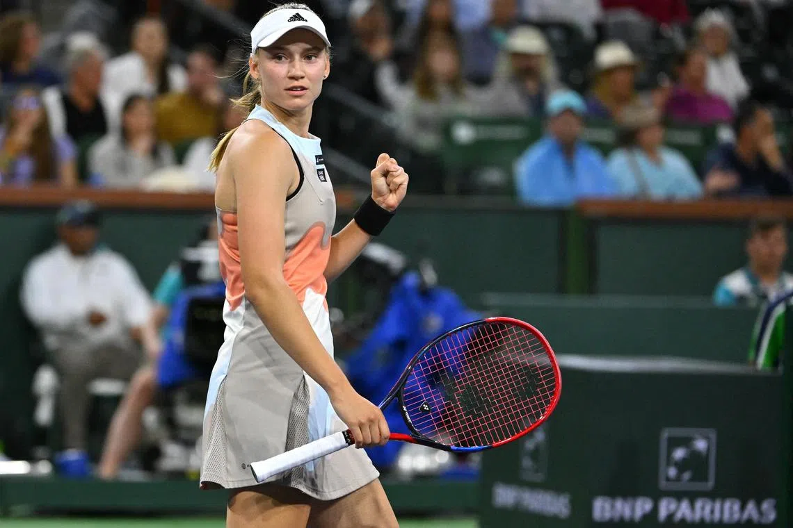 Kazakhstan's Elena Rybakina celebrates her win over Poland's Iga Swiatek, in the Indian Wells semi-finals.