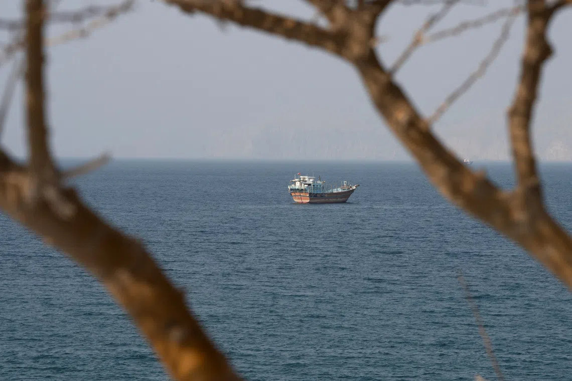 A vessel near the Strait of Hormuz, as seen from Musandam, Oman, on Aug 17, 2026.