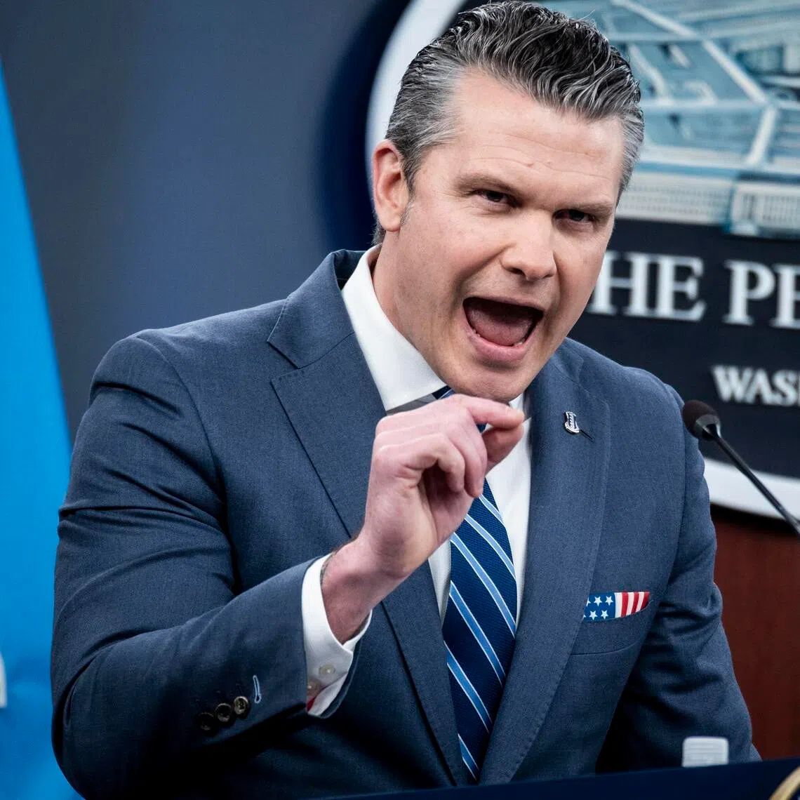 US Secretary of Defence Pete Hegseth delivering a press briefing on the US-Israel war on Iran at the Pentagon on April 16.