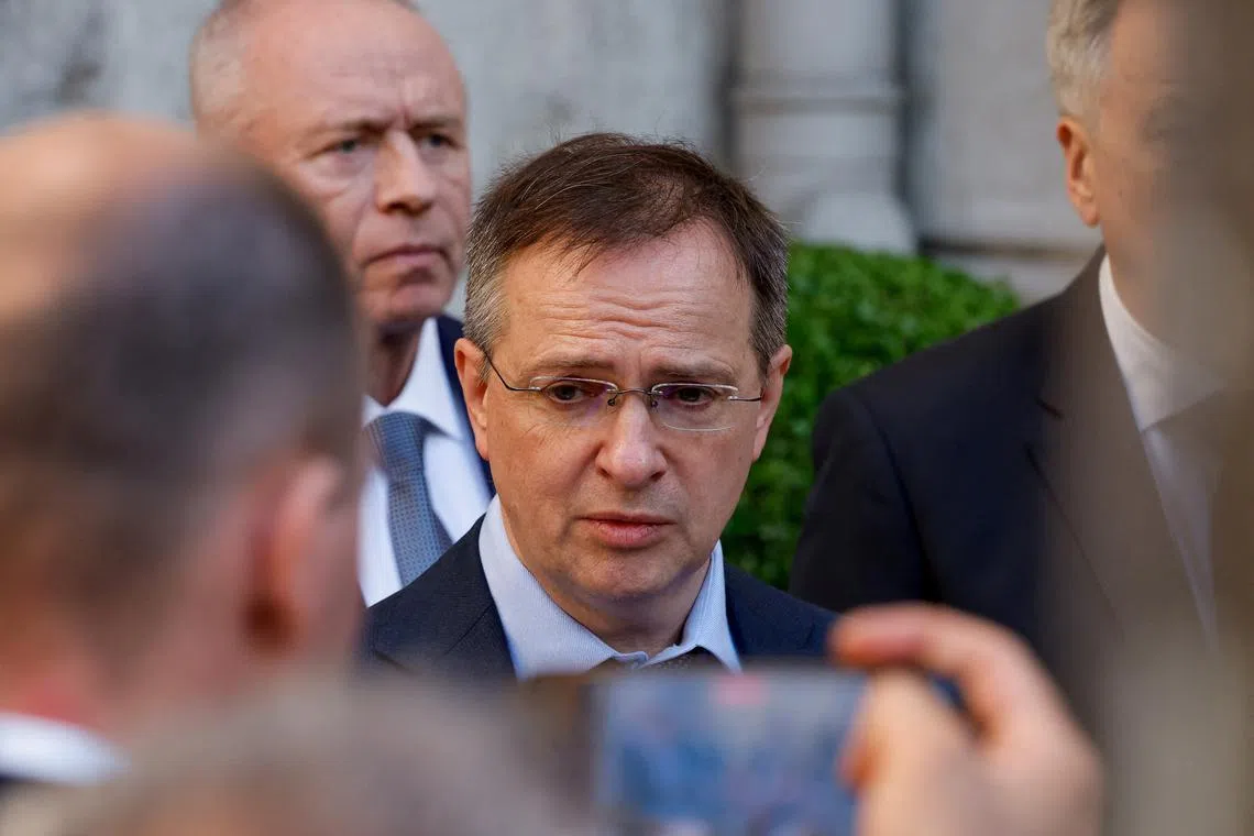 FILE PHOTO: Vladimir Medinsky, head of the Russian delegation in Istanbul for potential peace talks with Ukraine, speaks to the media, in Istanbul, Turkey, May 15, 2025. REUTERS/Maxim Shemetov/File Photo