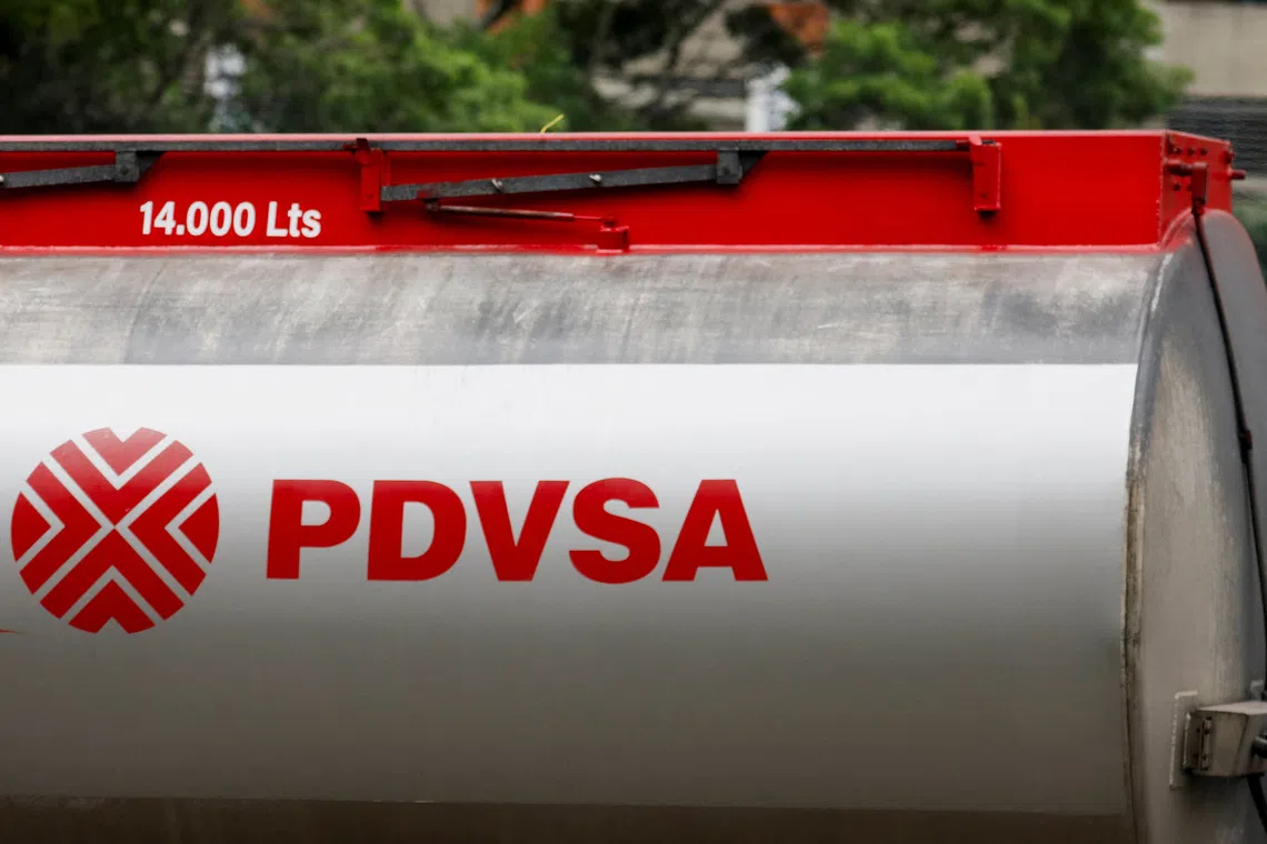 The logo of Venezuelan state oil company PDVSA is seen on a fuel tank truck, in Caracas, Venezuela May 14, 2025. REUTERS/Leonardo Fernandez Viloria