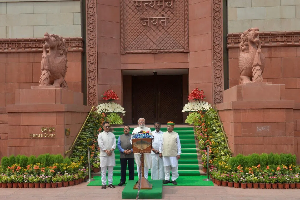 Indian Prime Minister Narendra Modi speaking to the media ahead of the opening of the first session of parliament post-election in New Delhi on June 24.