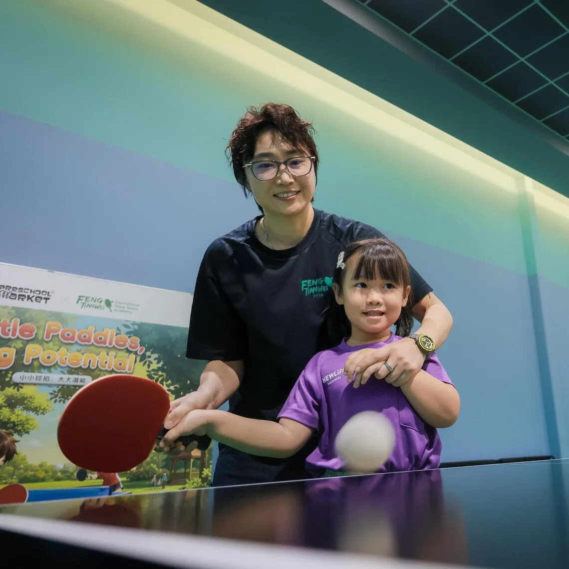 Former national table tennis player Feng Tianwei at the launch of Little Paddles, Big Potential, a two-year partnership between Preschool Market and the Feng Tianwei International Table Tennis Academy.