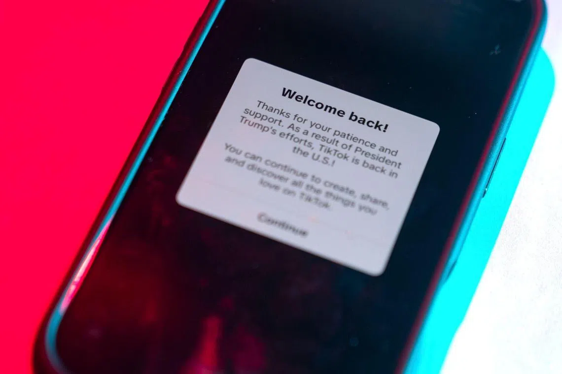 A message welcoming users back and thanking US President-elect Donald Trump on the TikTok app on a smartphone in the US.