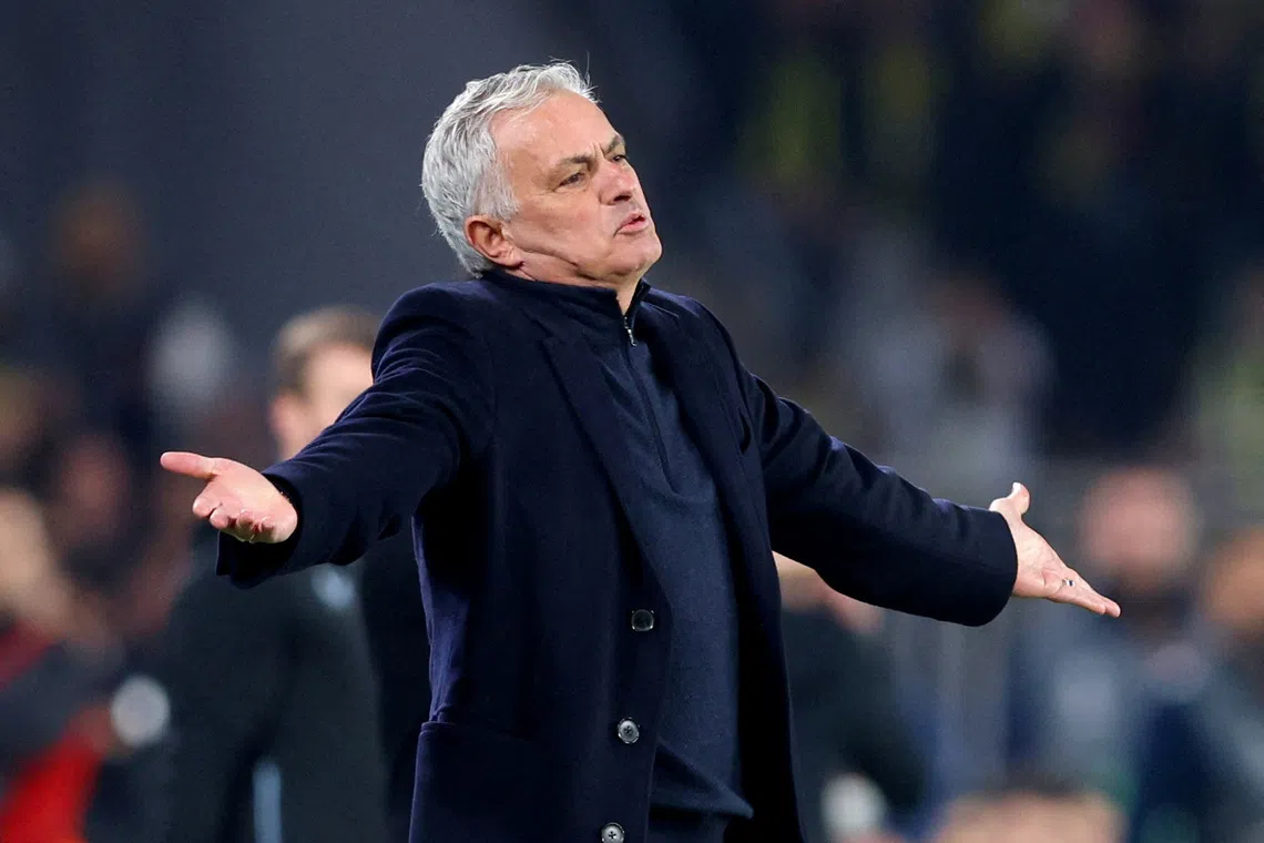 FILE PHOTO: Soccer Football - Europa League - Round of 16 - First Leg - Fenerbahce v Rangers - Sukru Saracoglu Stadium, Istanbul, Turkey  - March 6, 2025 Fenerbahce coach Jose Mourinho reacts REUTERS/Murad Sezer/File Photo