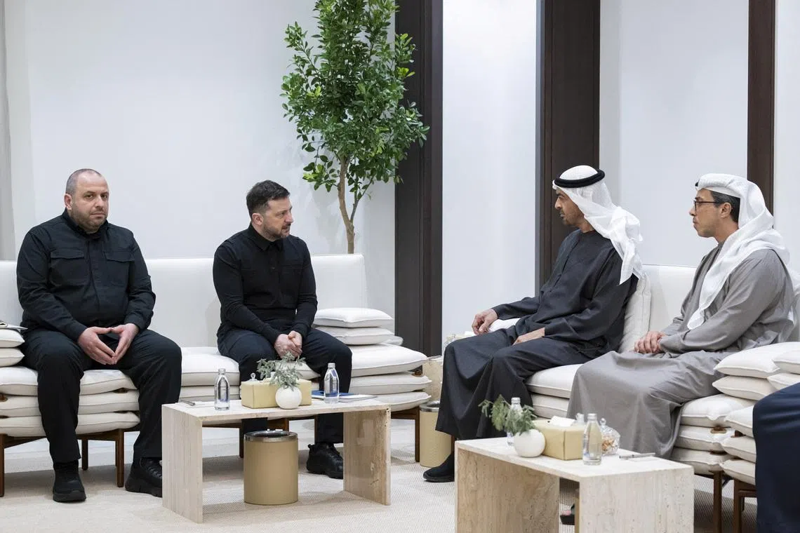 Sheikh Mohamed bin Zayed Al Nahyan, President of the United Arab Emirates, meets with Volodymyr Zelenskiy, President of Ukraine, as UAE Vice President and Deputy Prime Minister Sheikh Mansour bin Zayed Al Nahyan, and Secretary of the National Security and Defence Council of Ukraine, Rustem Umerov look on, in the United Arab Emirates in this undated handout picture released March 28, 2026. Abdulla Al Neyadi/ UAE Presidential Court/Handout via REUTERS