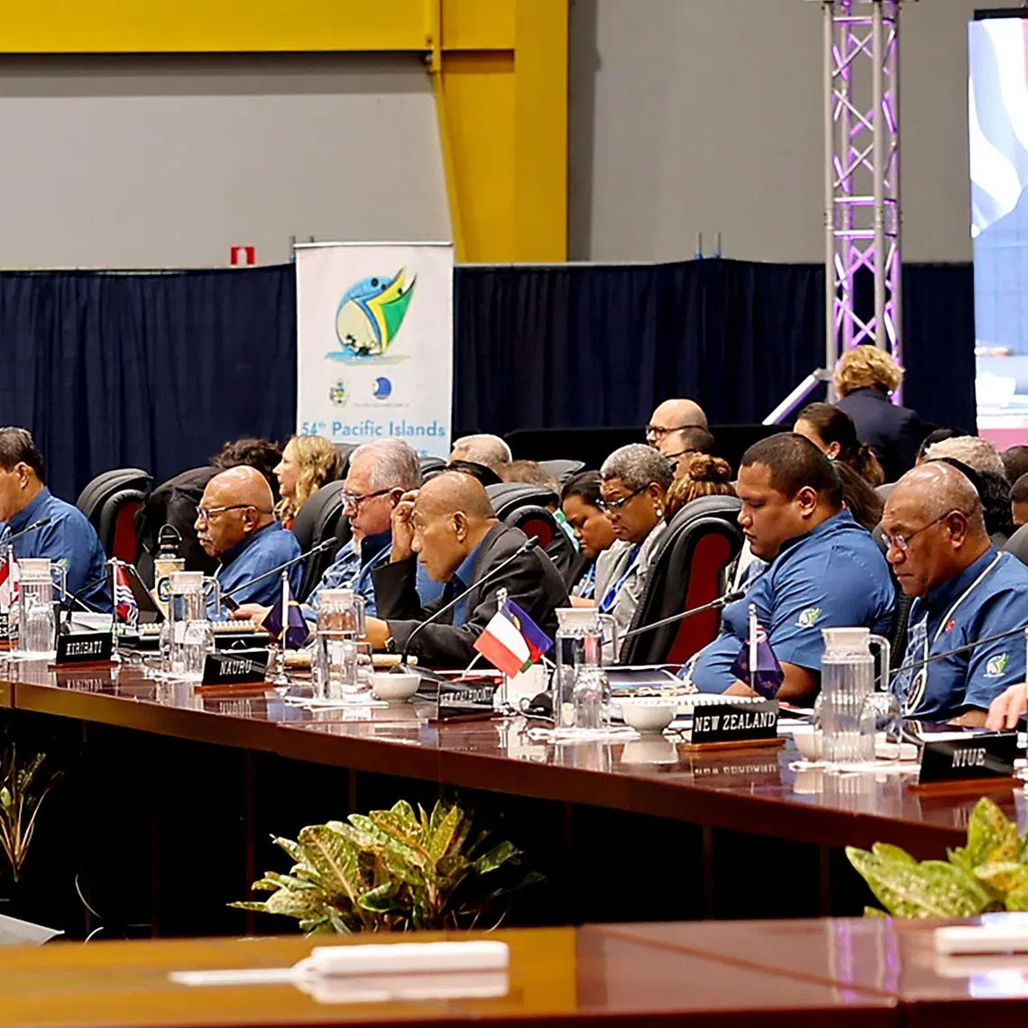 Leaders of Pacific Islands nations attend the opening session of the leaders’ plenary at the Pacific Islands Forum summit in Honiara, Solomon Islands.
