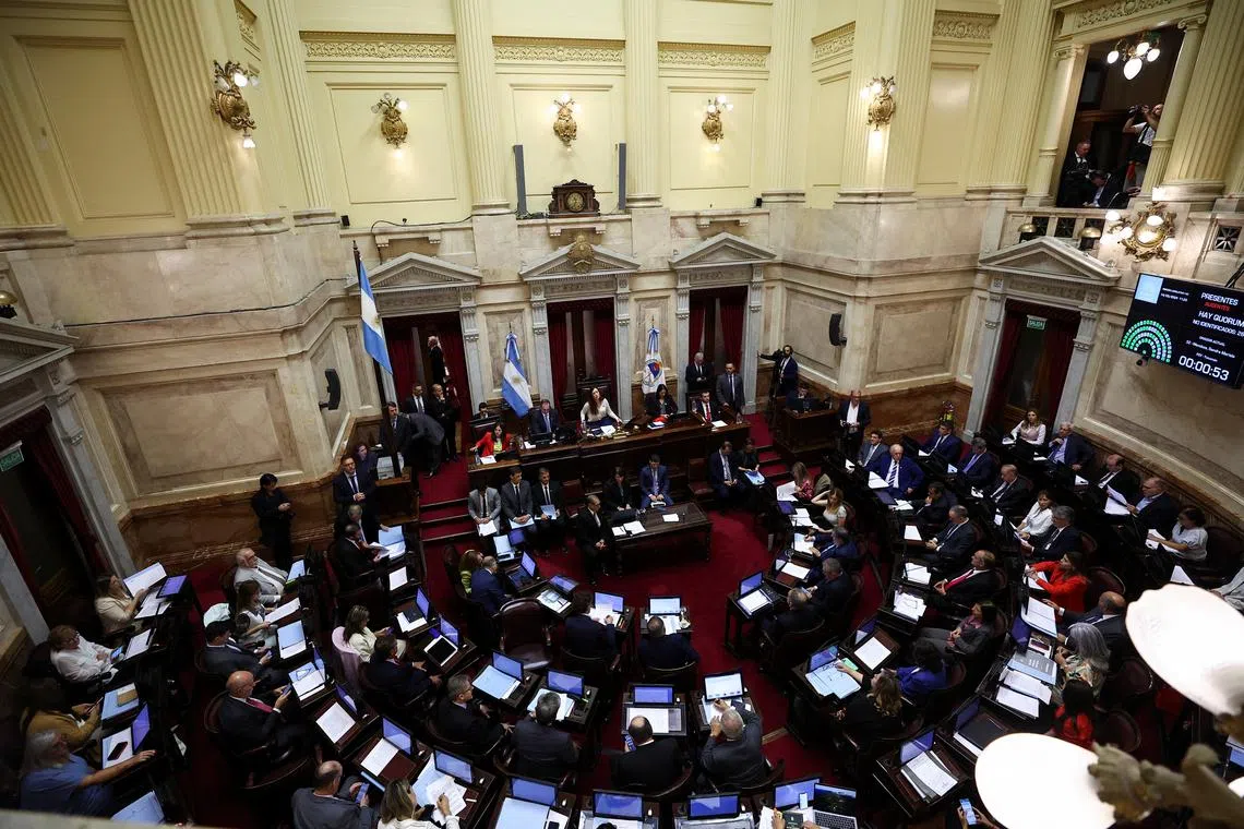 Argentina's Vice President and President of the Senate Victoria Villarruel attends a lawmakers' meeting to debate a necessity and urgency decree, whose objective is to deregulate the economy, among other measures, at the National Congress in Buenos Aires, Argentina March 14, 2024. REUTERS/Agustin Marcarian