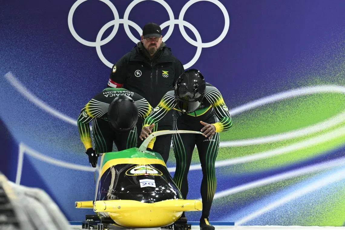 Milano Cortina 2026 Olympics - Bobsleigh - 2-man Heat 1 - Cortina Sliding Centre, Cortina d'Ampezzo, Italy - February 16, 2026. Shane Pitter and Junior Harris of Jamaica before their first run REUTERS/Annegret Hilse