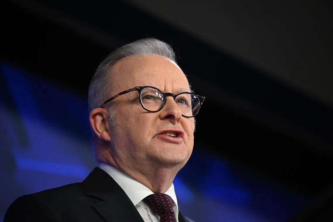 Australian Prime Minister Anthony Albanese delivers an address to National Press Club in Canberra, Australia, on April 2, 2026. He has previously said Australia is not a participant in the war.
