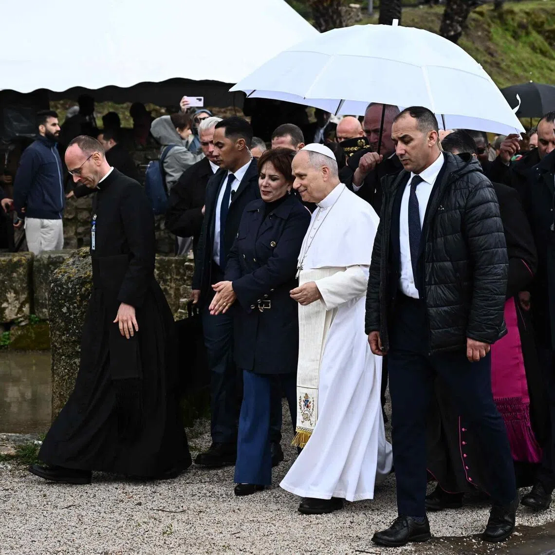 Pope Leo XIV visits the archaeological site of Hippo, in the seaport city of Annaba, Algeria on April 14, 2026.
