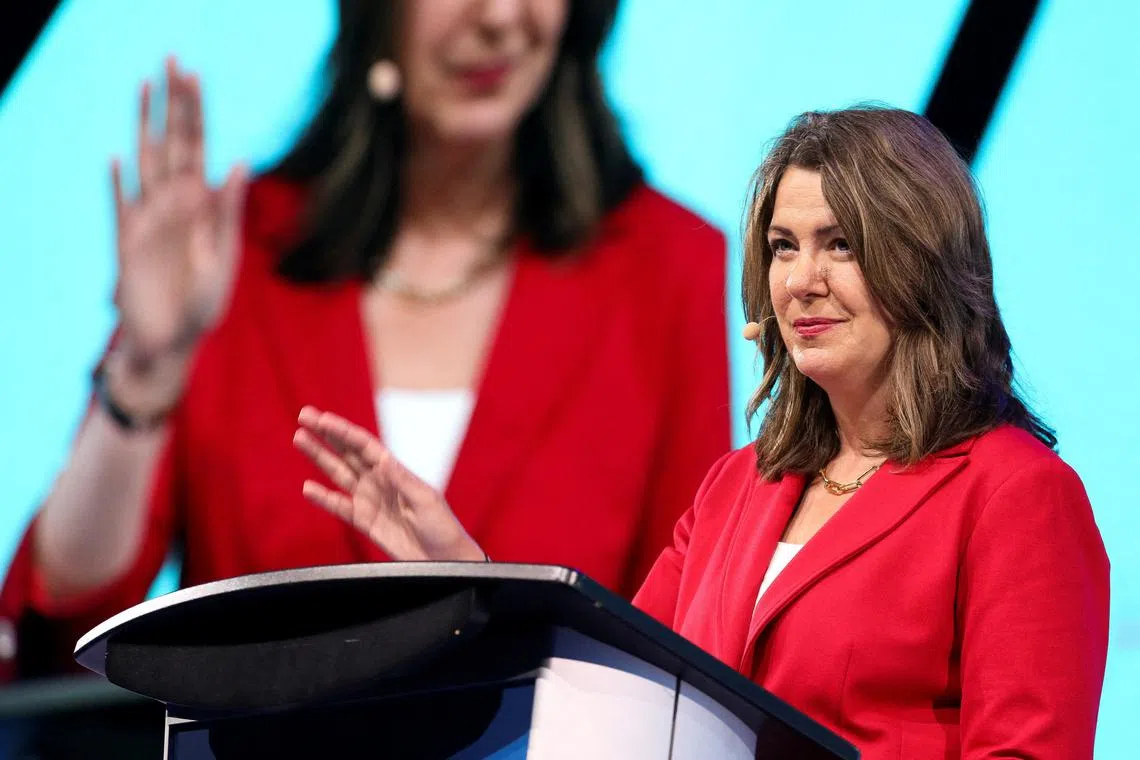 FILE PHOTO: Alberta's Premier Danielle Smith makes a keynote speech at the LNG 2023 energy conference in Vancouver, British Columbia, Canada July 13, 2023. REUTERS/Chris Helgren/File Photo