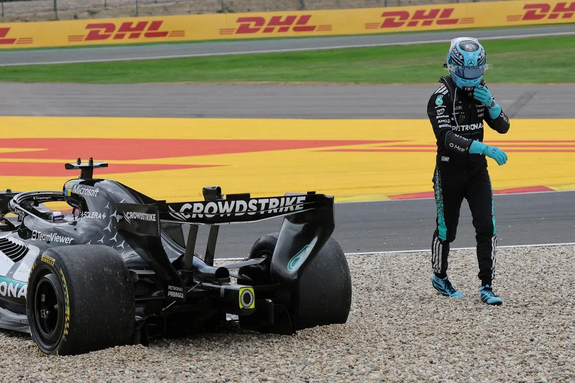 Formula One F1 - Belgian Grand Prix - Circuit de Spa-Francorchamps, Stavelot, Belgium - July 19, 2026 Mercedes' George Russell reacts after retiring from the race REUTERS/Christian Hartmann