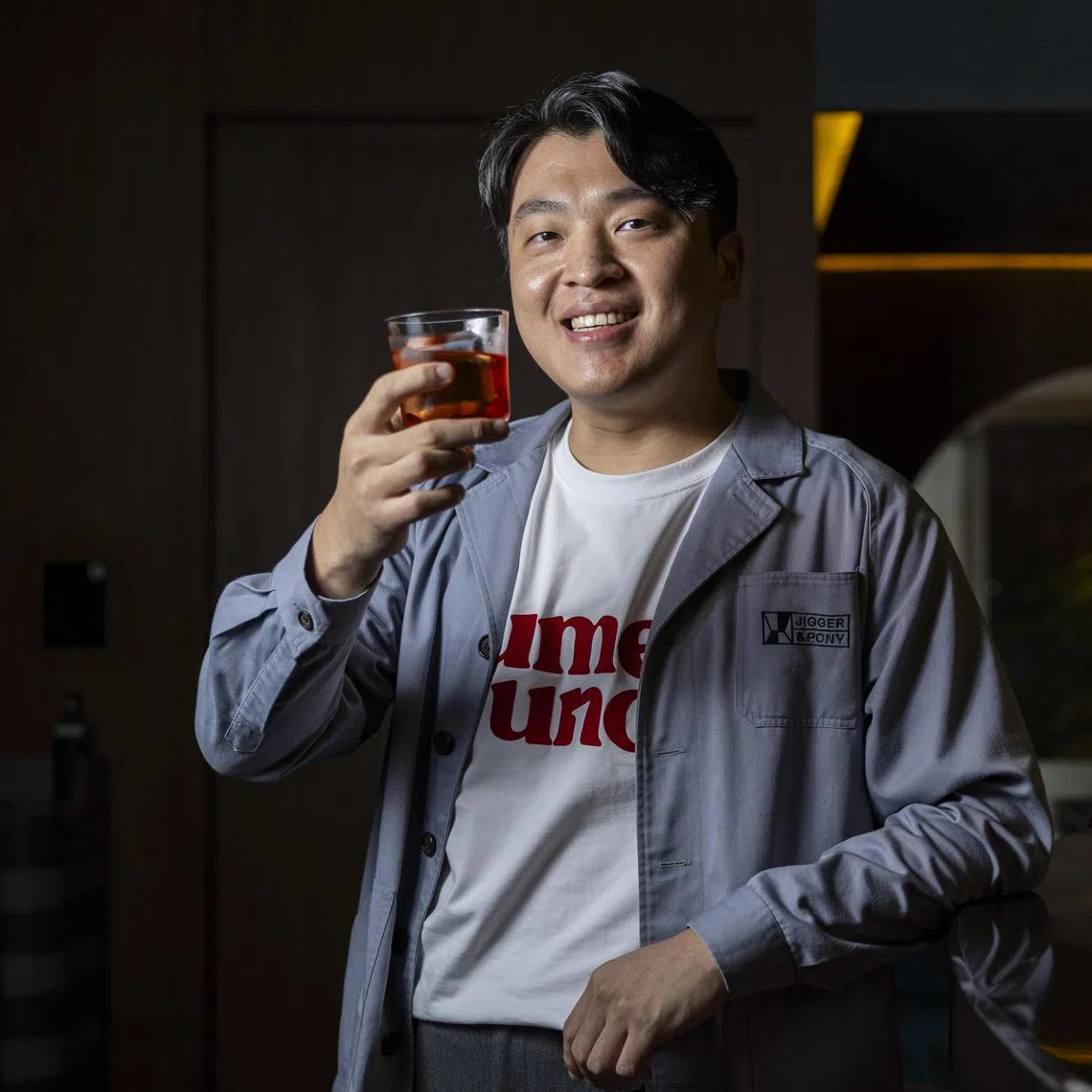 ST20250903_202588200240/yabar10/Brian Teo/Yamini Chinnuswamy/*EMBARGO UNTIL SEPT 10, 8PM*Mr Uno Jang, creative director of the Jigger & Pony group and head bartender at its flagship bar Jigger & Pony, photographed at the bar in Amara Hotel on Sept 3, 2025. ST PHOTO: BRIAN TEO 