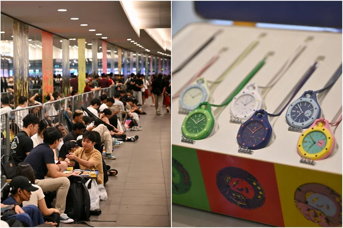 The queue (left) for the Audemars Piguet x Swatch release near Bayfront MRT Station at 8pm on May 15.