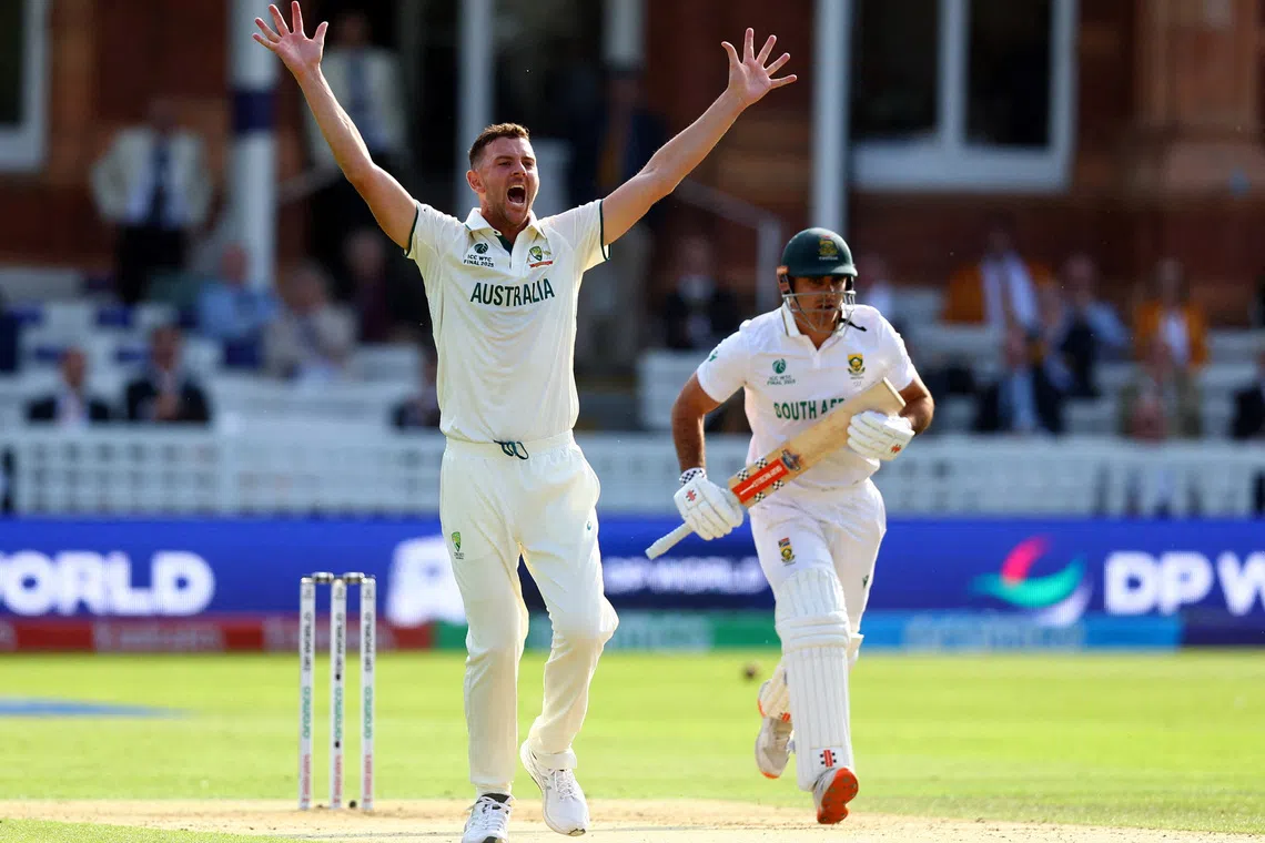 FILE PHOTO: Cricket - 2025 ICC World Test Championship Final - South Africa v Australia - Lord's Cricket Ground, London, Britain - June 11, 2025 Australia's Josh Hazlewood appeals unsuccessfully for the wicket of South Africa's David Bedingham Action Images via Reuters/Andrew Boyers/File Photo