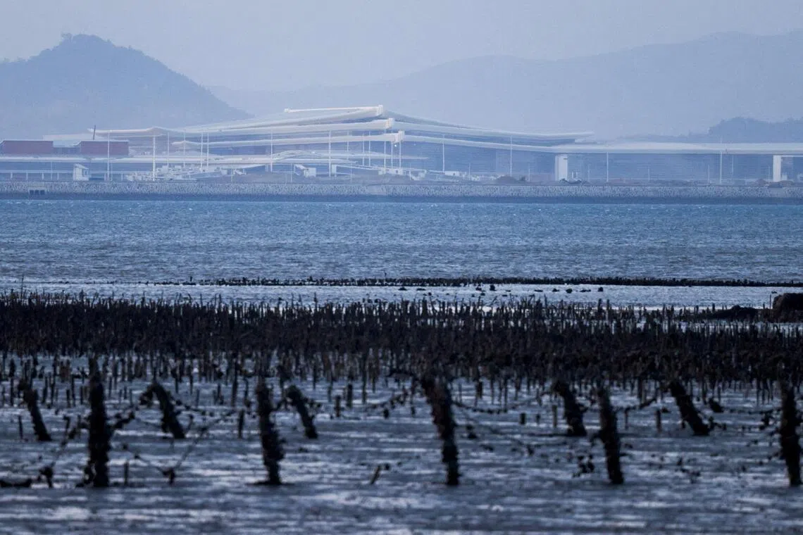 A new airport under construction in Xiamen, China as seen from Kinmen, Taiwan.