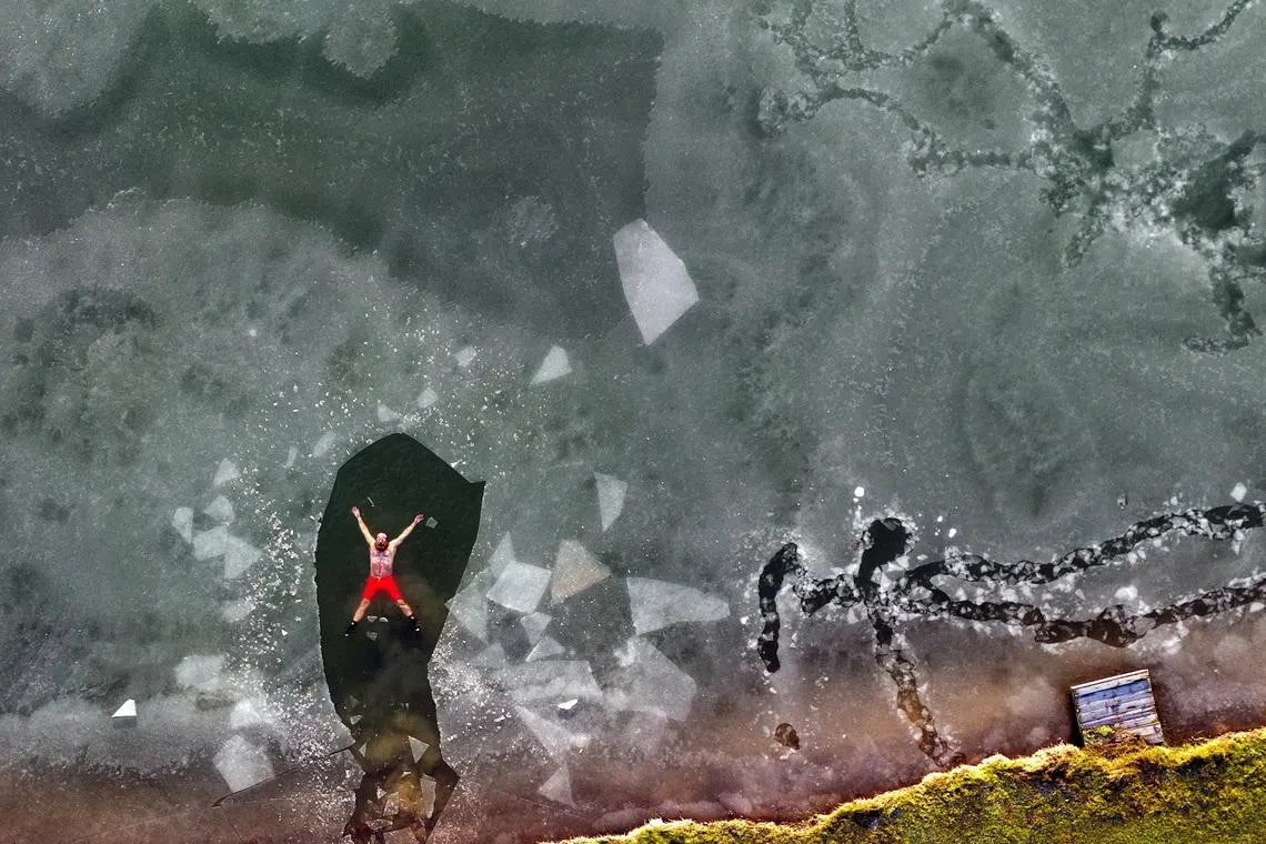 Britain's ice swimmer Fenwick Ridley during practice in his man-made ice channel at Higham Lakes, in Ponteland, Northumberland, north of Newcastle, Britain, on Jan 8, 2026. 