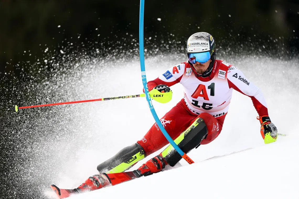Alpine Skiing - FIS Alpine Ski World Cup - Men's Slalom - Kitzbuehel, Austria - January 25, 2026 Austria's Manuel Feller in action during the Men's Slalom REUTERS/Lisi Niesner