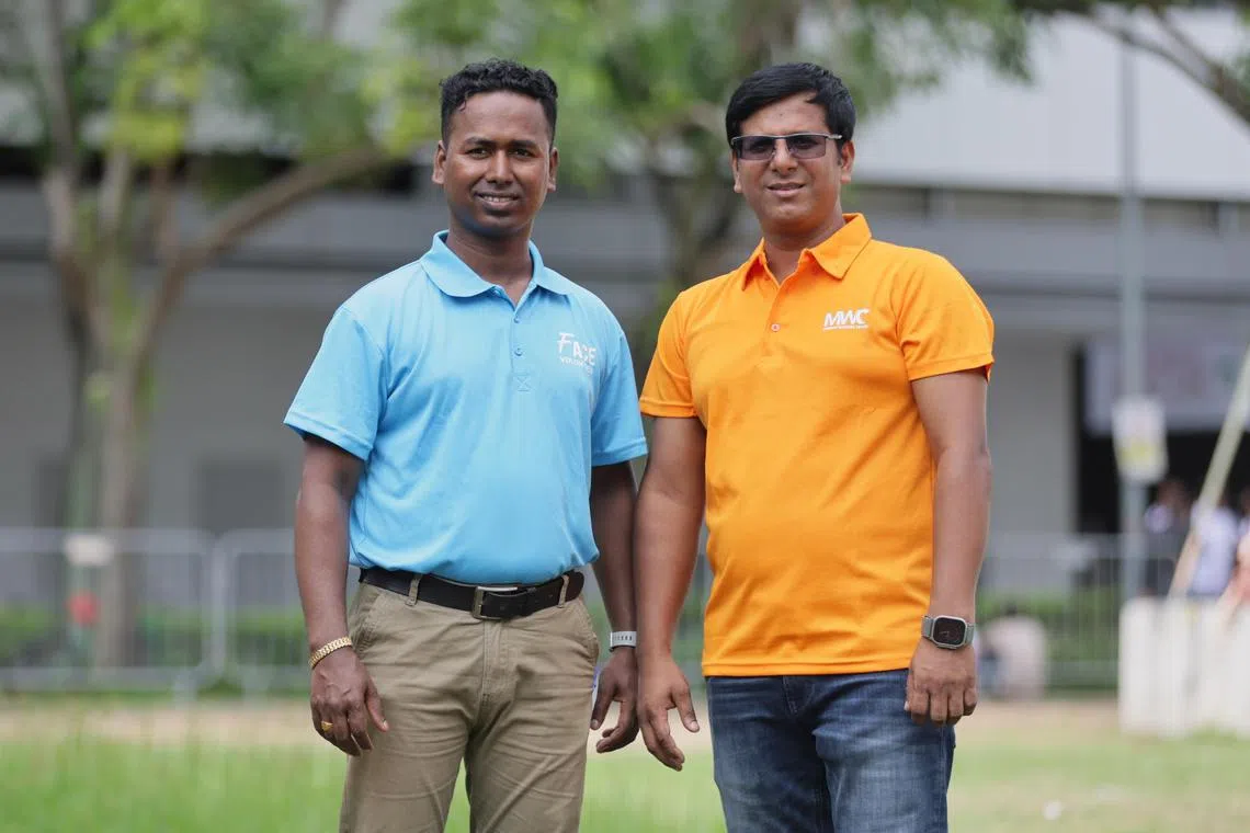 ST20231217_202371408856: Gin Tay/ etmigrant17/Elisha Tushara/

(L-R): Profile of Shanta MD, 34, Workplace Safety and Health (WSH) Coordinator , also a FACE volunteer; and Asraful  40, Construction Manager, also a MWC Ambassador photographed during the International
Migrants Day 2023 celebrations at Little India, Birch Road Field on Dec 17 2023.