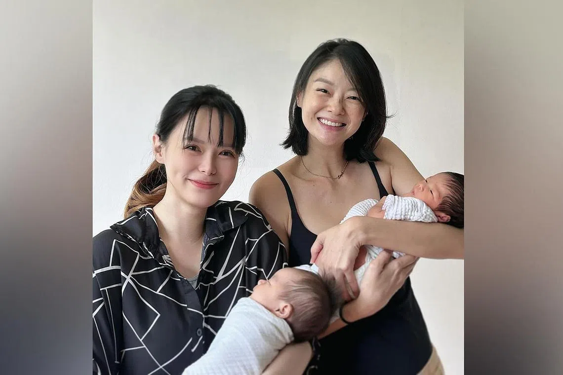 Actresses Jayley Woo (left) and Sheila Sim with their newborn baby girls.