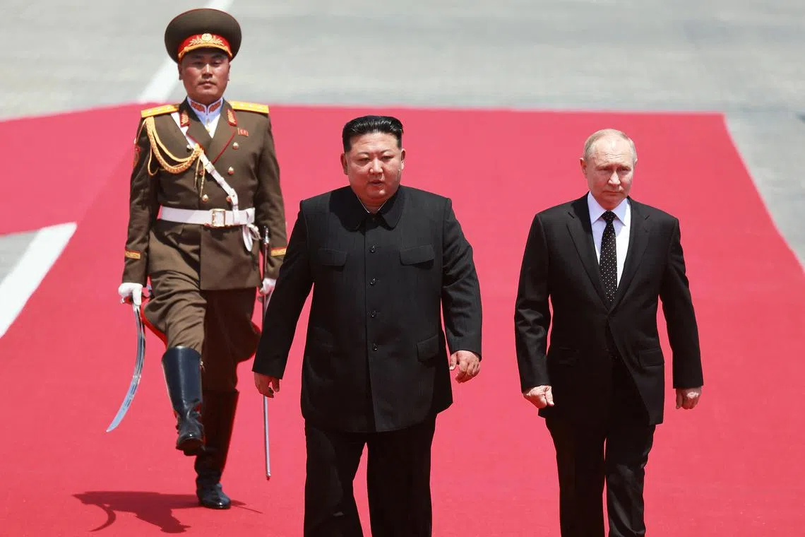 Russia's President Vladimir Putin and North Korea's leader Kim Jong Un attend an official welcoming ceremony at Kim Il Sung Square in Pyongyang, North Korea June 19, 2024. Sputnik/Vladimir Smirnov/Pool via REUTERS/File Photo