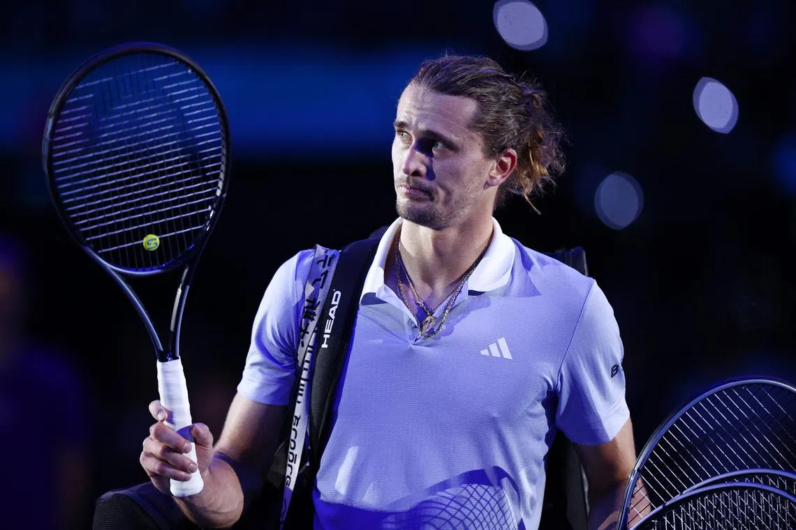 FILE PHOTO: Tennis - ATP Finals - Inalpi Arena, Turin, Italy - November 16, 2024 Germany's Alexander Zverev leaves court after losing his semi final match against Taylor Fritz of the U.S. REUTERS/Guglielmo Mangiapane/File Photo