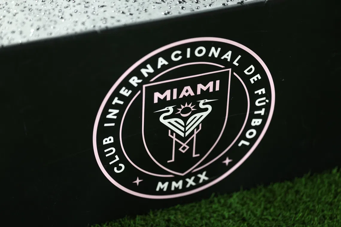 Nov 9, 2024; Fort Lauderdale, Florida, USA; Detailed view of Inter Miami FC logo before thematic against the Atlanta United FC in a 2024 MLS Cup Playoffs Round One match at Chase Stadium. Mandatory Credit: Nathan Ray Seebeck-Imagn Images