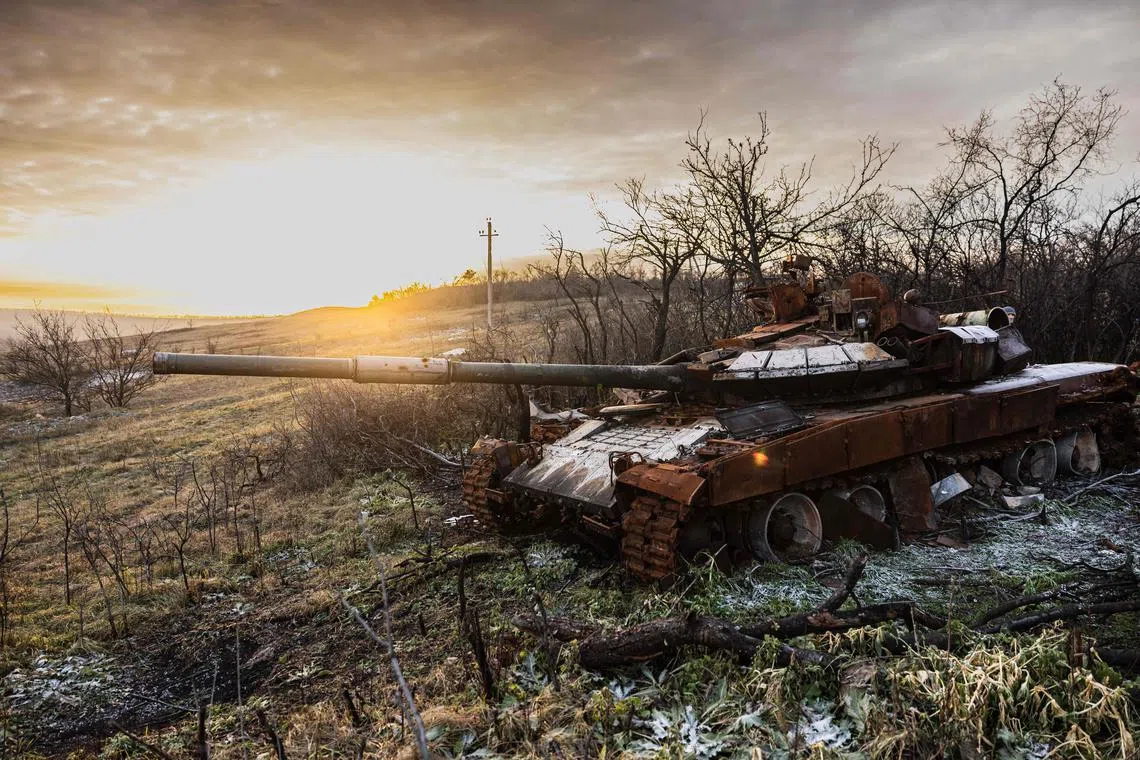 A destroyed Russian tank in the village of Bohorodychne, eastern Ukraine, on Dec 20, 2022. 