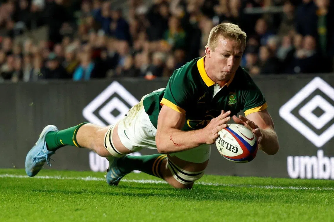South Africa's Pieter-Steph du Toit, seen here scoring a try against England at Twickenham on Nov 16, was named best men’s player in the 15-a-side game for the second time at the World Rugby Awards in Monaco on Nov 24.