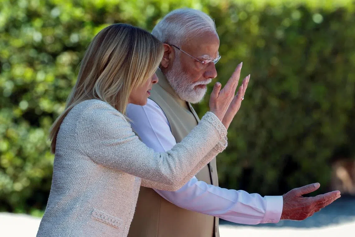Italy's Prime Minister Giorgia Meloni meets Indian Prime Minister Narendra Modi at Villa Doria Pamphili, in Rome, Italy, on May 20.